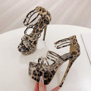 Liyke Fashion Design Metal Rivets PVC Women Zip Cover Strap Sandals Sexy Leopard Print Platform High Heels Banquet Party Shoes