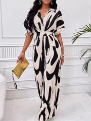 Women Fashion Jumpsuit Short Sleeved High Waist Sexy V-neck Print Wide Leg Long Pants Jumpsuits Summer New Casual Women Clothes
