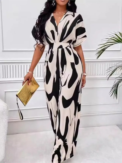 Women Fashion Jumpsuit Short Sleeved High Waist Sexy V-neck Print Wide Leg Long Pants Jumpsuits Summer New Casual Women Clothes
