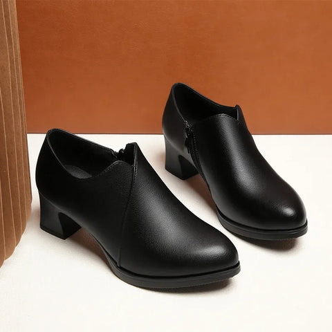 5.5cm Comfortable Deep Mouth Soft Leather Shoes Women's Pumps 2025 Spring Black Block Heels Shoes for Office Mom Dance Model