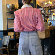 REALEFT Spring Summer Elegant Striped Women's Blouse One Pocket Turn-down Collar Single Breated Korean Shirts Female 2024 New