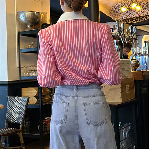 REALEFT Spring Summer Elegant Striped Women's Blouse One Pocket Turn-down Collar Single Breated Korean Shirts Female 2024 New