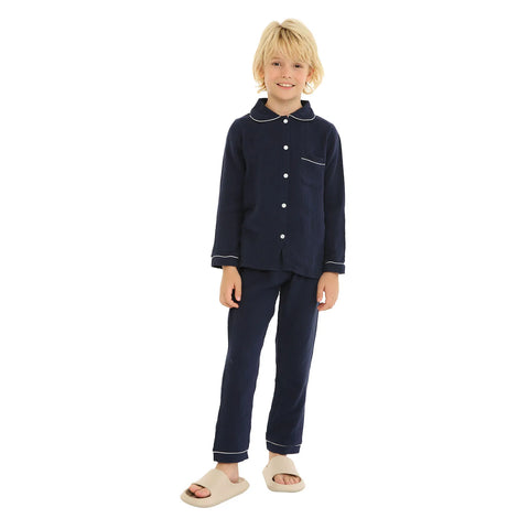 Mudkingdom Girls Boys Pajamas Set Cotton Gauze Button Down Shirts and Pants Loungewear Outfits for Kids Jammies Sleepwear Plain