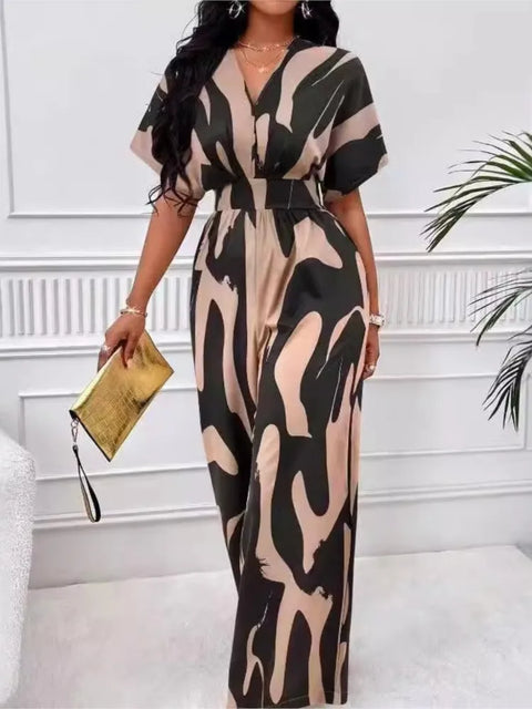 Women Fashion Jumpsuit Short Sleeved High Waist Sexy V-neck Print Wide Leg Long Pants Jumpsuits Summer New Casual Women Clothes