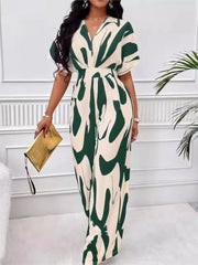 Women Fashion Jumpsuit Short Sleeved High Waist Sexy V-neck Print Wide Leg Long Pants Jumpsuits Summer New Casual Women Clothes