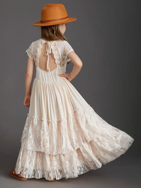 New 2024 Princess Girls Short Sleeve Lace Long Floor Dresses Baby Kids Flower Wedding Christmas Party Vestidos Children Clothing