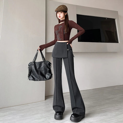 Gray Irregular High Waist Fake Two Pcs Flare Suit Pants Loose New Trousers Women Fashion Tide Spring Autumn 2025