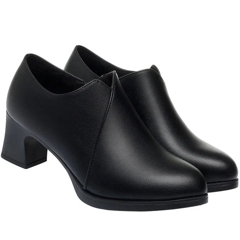5.5cm Comfortable Deep Mouth Soft Leather Shoes Women's Pumps 2025 Spring Black Block Heels Shoes for Office Mom Dance Model