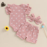3pcs Newest Summer Toddler Infant Baby Girl Cotton Casual Outfits Set Bow Print Bodysuit+Shorts+Headband Cute Baby Clothes