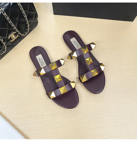 Women's flat sandals Gladiator summer 2025 luxury Brand Designer Rivets Open Toe slipper Leather Comfortable Ladies shoes Women