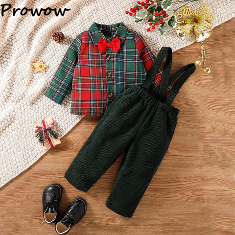 Prowow Baby Kids Christmas Outfit Sets For Boys Patchwork Plaid Necktie Shirts +Corduroy Green Overalls Newborn New Year Costume