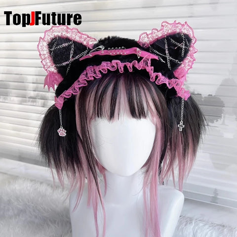 Women's lace y2k girls Gothic Lolita cosplay Harajuku wings lace headband with cat ears headband Lolita punk cosplay headband
