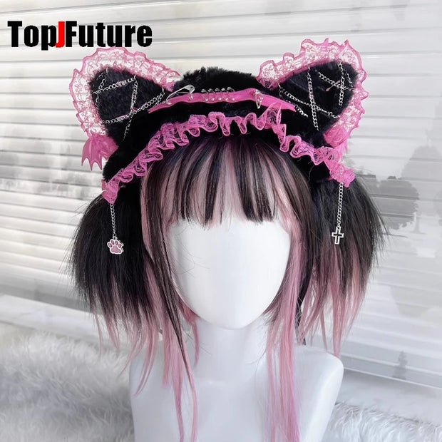 Women's lace y2k girls Gothic Lolita cosplay Harajuku wings lace headband with cat ears headband Lolita punk cosplay headband