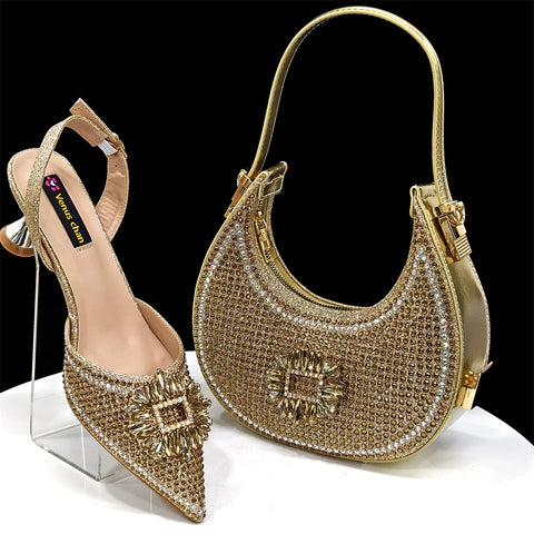 2025 Nigerian Women's Party Shoes and Bags Medium Heel Pointed Toe Elegant Party Footwear With Matching Color Handbag for Women