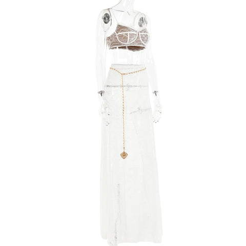 Fantoye Sexy See Through Lace Chain Women Skirt Suit White Spaghetti Strap Crop Top Print Floral Skirt Autumn New Two Piece Sets