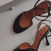 Black Classic Sandals Round Toe Shallow Stiletto Heels Ankle Straps Buckle Summer Fashion Elegant Office Lady Elegant Dress Pump