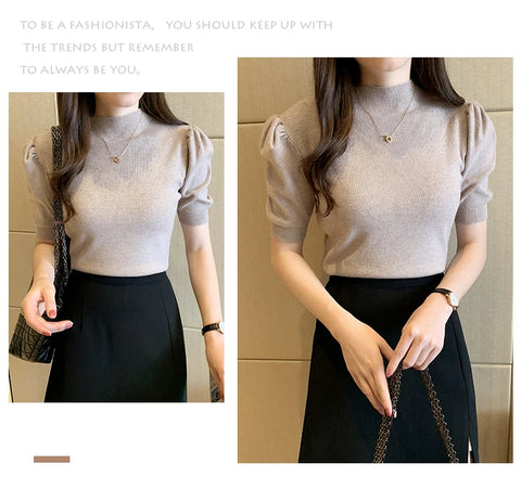 Short Sleeved Shirt Women's Summer Vest 2025 Spring Tank Knitwear Half Turtleneck Bottoming Sweater Thin Knit Shirt 18848