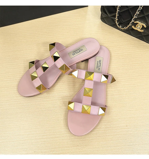 Women's flat sandals Gladiator summer 2025 luxury Brand Designer Rivets Open Toe slipper Leather Comfortable Ladies shoes Women