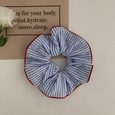 2025 New Scrunchies Red Hem Blue Striped Hair Tie Sweet Fresh Elastic Hair Band Girls Women Hair Accessories
