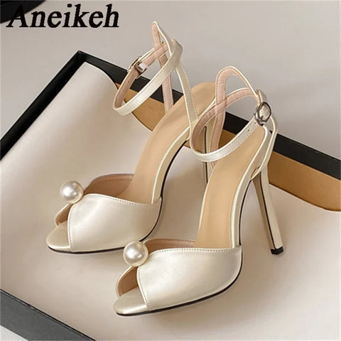 Aneikeh Satin Beaded Peep Toe Heels – Bridal Gladiator Sandals 2026