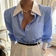 REALEFT Spring Summer Elegant Striped Women's Blouse One Pocket Turn-down Collar Single Breated Korean Shirts Female 2024 New