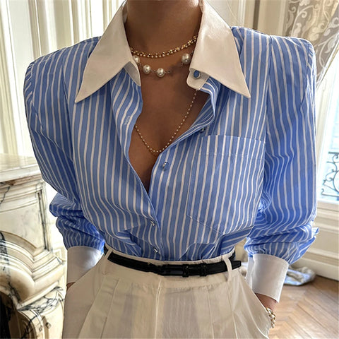 REALEFT Spring Summer Elegant Striped Women's Blouse One Pocket Turn-down Collar Single Breated Korean Shirts Female 2024 New