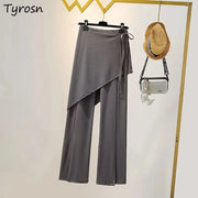Solid Slit Full Length Flare Pants Women High Waist Elastic Fashion Korean Style Autumn Female All-match Simple Leisure Chic
