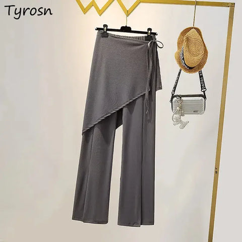 Solid Slit Full Length Flare Pants Women High Waist Elastic Fashion Korean Style Autumn Female All-match Simple Leisure Chic