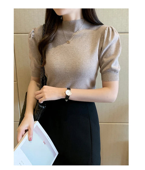Short Sleeved Shirt Women's Summer Vest 2025 Spring Tank Knitwear Half Turtleneck Bottoming Sweater Thin Knit Shirt 18848