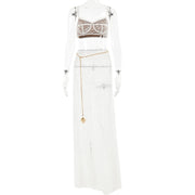 Fantoye Sexy See Through Lace Chain Women Skirt Suit White Spaghetti Strap Crop Top Print Floral Skirt Autumn New Two Piece Sets