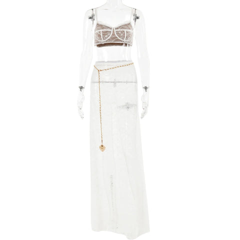 Fantoye Sexy See Through Lace Chain Women Skirt Suit White Spaghetti Strap Crop Top Print Floral Skirt Autumn New Two Piece Sets