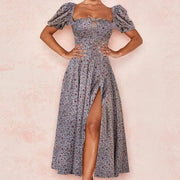 New Women Floral Dress Summer PuffSleeve Square Neck Tie Front High SplitDress Ruched Drawstring Chic DressesPrint Long
