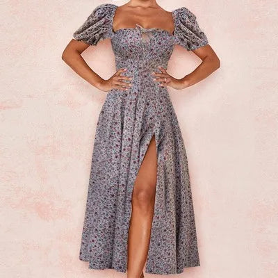 New Women Floral Dress Summer PuffSleeve Square Neck Tie Front High SplitDress Ruched Drawstring Chic DressesPrint Long
