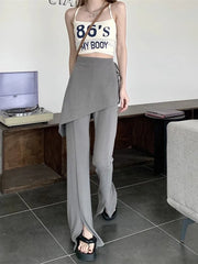 Solid Slit Full Length Flare Pants Women High Waist Elastic Fashion Korean Style Autumn Female All-match Simple Leisure Chic