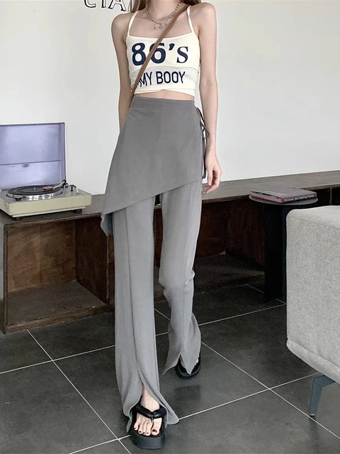 Solid Slit Full Length Flare Pants Women High Waist Elastic Fashion Korean Style Autumn Female All-match Simple Leisure Chic