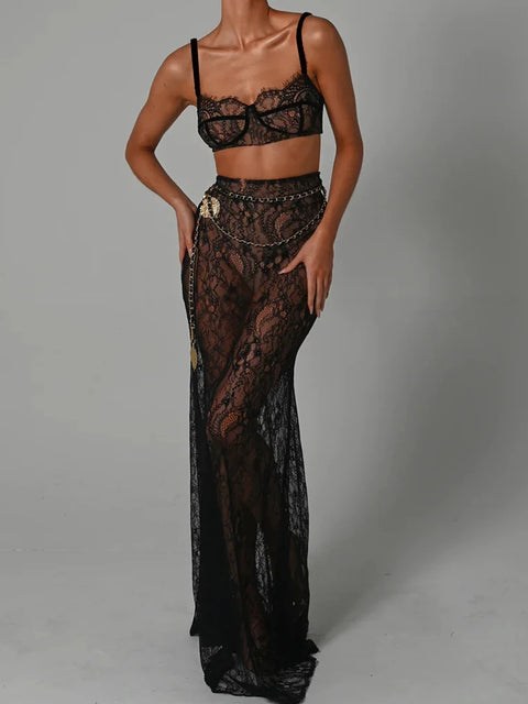 Fantoye Sexy See Through Lace Chain Women Skirt Suit White Spaghetti Strap Crop Top Print Floral Skirt Autumn New Two Piece Sets