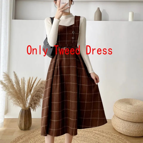 Autumn Winter Lady fashion Overalls 2 Piece Set Dress Women black Knitted Sweater Top + Plaid Tweed Slim Big Swing Midi Dress