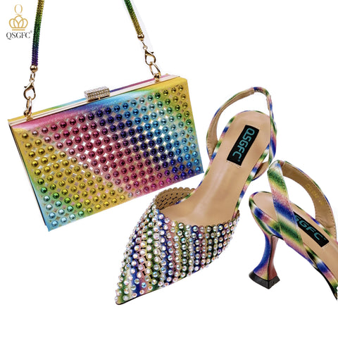 QSGFC New Arrival Popular Cutout Style Italian Design Silver Color Noble Three-Dimensional Bag With Elegant High Heels Shoes