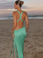 Knitted Halter Over Long Dresses Camisole V-Neck Hollow Out Strap Waist Cinching Slimming Split Beach Long Dresses Crochet Robes