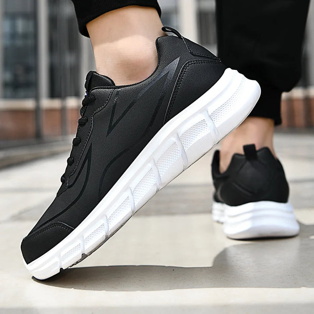 YRZL Black Running Shoes Leather Waterproof Athletic Sneakers Men Wear-resistant Men Walking Sport Shoes Comfortable Men Shoes
