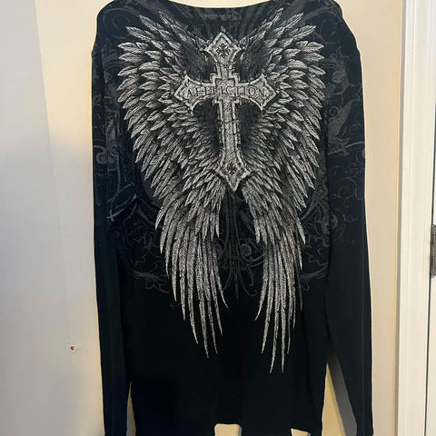 T Shirt Mens New Affliction Harajuku Y2K Hip Hop Water Washed Retro Round Neck Oversized T shirt long sleeve Gothic Couple Tops