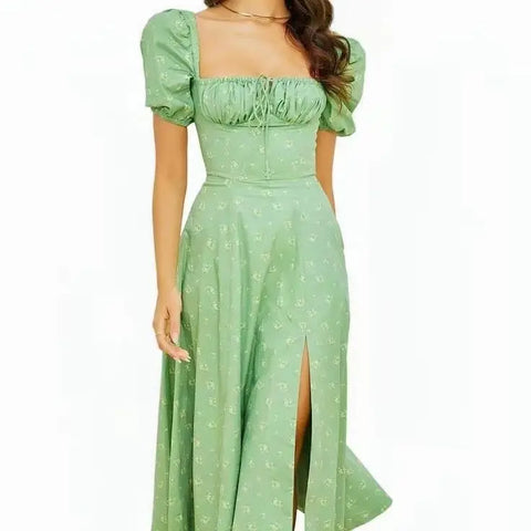 New Women Floral Dress Summer PuffSleeve Square Neck Tie Front High SplitDress Ruched Drawstring Chic DressesPrint Long