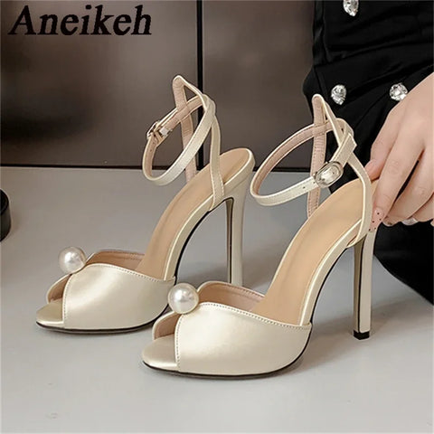 Aneikeh Satin Beaded Peep Toe Heels – Bridal Gladiator Sandals 2026