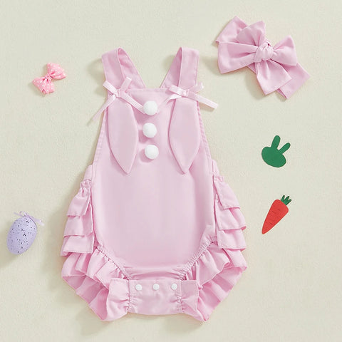 Newborn Infant Baby Girls Sleeveless Pom Front Ruffle Romper Playsuit Jumpsuit Overalls Baby Clothes Easter Outfits