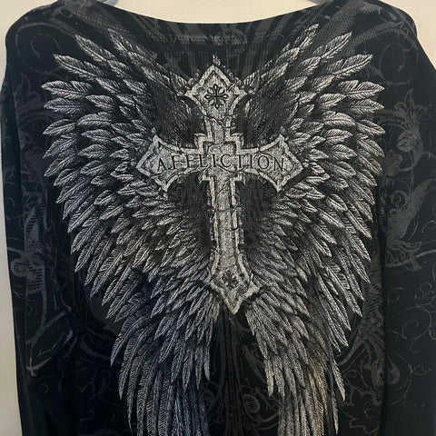 T Shirt Mens New Affliction Harajuku Y2K Hip Hop Water Washed Retro Round Neck Oversized T shirt long sleeve Gothic Couple Tops