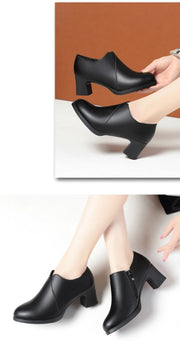 5.5cm Comfortable Deep Mouth Soft Leather Shoes Women's Pumps 2025 Spring Black Block Heels Shoes for Office Mom Dance Model
