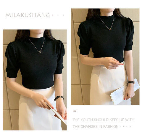 Short Sleeved Shirt Women's Summer Vest 2025 Spring Tank Knitwear Half Turtleneck Bottoming Sweater Thin Knit Shirt 18848
