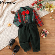 Prowow Baby Kids Christmas Outfit Sets For Boys Patchwork Plaid Necktie Shirts +Corduroy Green Overalls Newborn New Year Costume