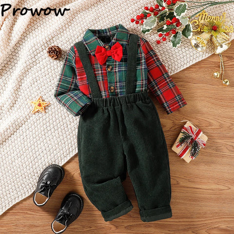 Prowow Baby Kids Christmas Outfit Sets For Boys Patchwork Plaid Necktie Shirts +Corduroy Green Overalls Newborn New Year Costume