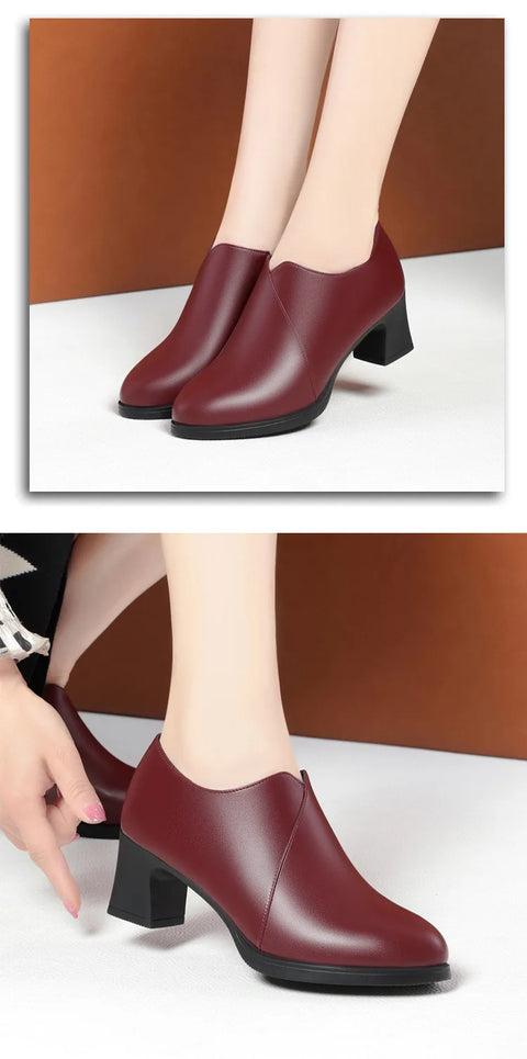 5.5cm Comfortable Deep Mouth Soft Leather Shoes Women's Pumps 2025 Spring Black Block Heels Shoes for Office Mom Dance Model